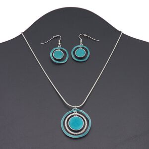 Necklace and earring set, druzy (imitation) / enamel / silver-finished brass / "pewter" (zinc-based alloy), aqua blue, 36mm open round, 16 inches with 3-inch extender chain and lobster claw clasp, 43mm with open round and fishhook ear wire. Sold per set.
