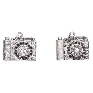 Charm, antique silver-finished "pewter" (zinc-based alloy) and glass, clear and black, 24x18mm camera. Sold per pkg of 2.