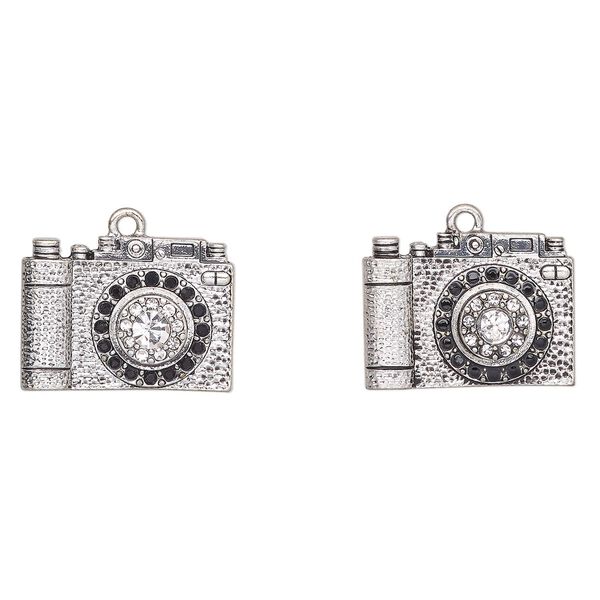 Charm, antique silver-finished "pewter" (zinc-based alloy) and glass, clear and black, 24x18mm camera. Sold per pkg of 2. image number 0