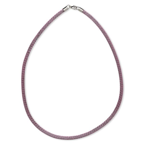 Necklace, brass mesh over leatherette cord with imitation rhodium-finished sterling silver, lavender/black, 3-4mm, 18-inch with lobster claw clasp. Sold individually. image number 0