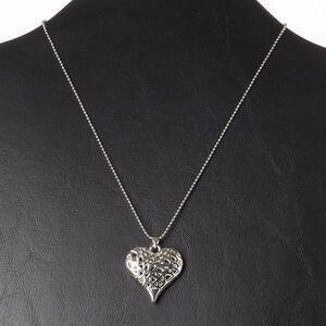 Necklace, silver-plated brass / steel / "pewter" (zinc-based alloy), 31x29mm puffed heart, 16 inches with 2-inch extender chain and lobster claw clasp. Sold individually.