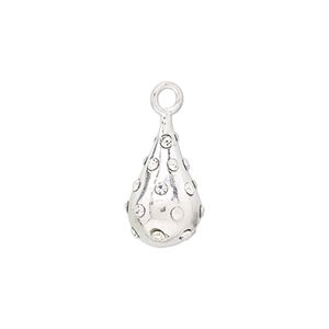 Drop, sterling silver and glass rhinestone, clear, 15x8mm polished teardrop. Sold individually.