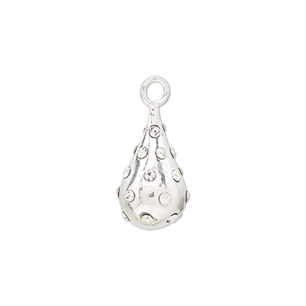 Drop, sterling silver and glass rhinestone, clear, 15x8mm polished teardrop. Sold individually. image number 0