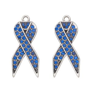 Charm, antique silver-finished "pewter" (zinc-based alloy) and glass, blue, 27x13mm single-sided awareness ribbon. Sold per pkg of 2.