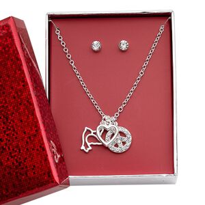 Necklace and earring set, glass rhinestone / silver-finished brass / steel / "pewter" (zinc-based alloy), clear, open heart / open dove / peace sign, 15" to 16" necklace with 3-inch extender chain and lobster claw clasp, 5mm round with post. Sold per set.