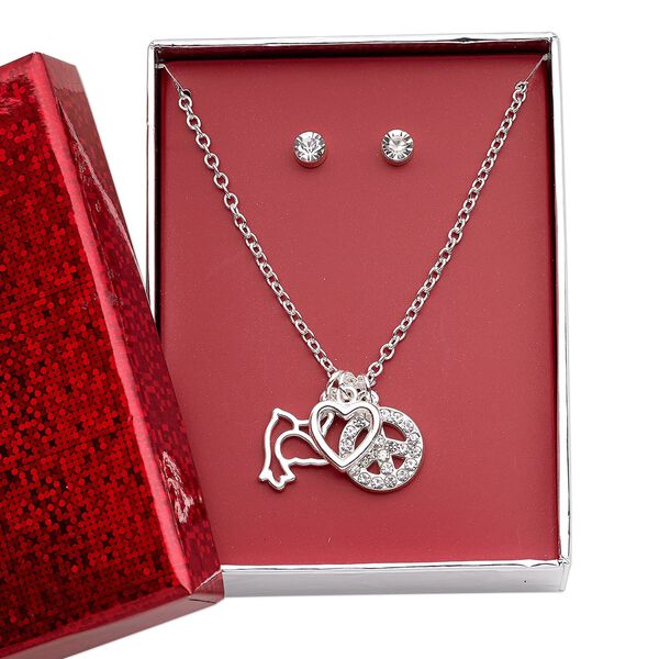 Necklace and earring set, glass rhinestone / silver-finished brass / steel / "pewter" (zinc-based alloy), clear, open heart / open dove / peace sign, 15" to 16" necklace with 3-inch extender chain and lobster claw clasp, 5mm round with post. Sold per set. image number 0