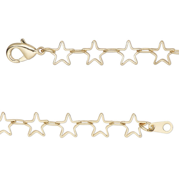 Chain, gold-finished brass, 6.5mm open star, 24 inches with lobster claw clasp. Sold individually. image number 0