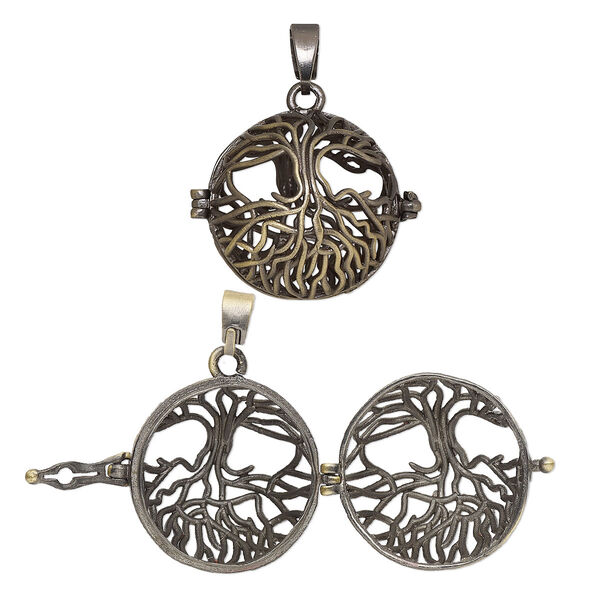Drop, antique brass-finished brass, 26mm round bead cage with cutout tree of life design and safety latch, fits up to 18mm bead. Sold individually. image number 0