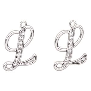 Charm, antique silver-finished "pewter" (zinc-based alloy) and glass, clear, 25x19mm letter "L". Sold per pkg of 2.