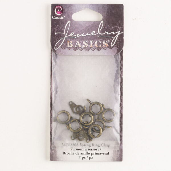 Clasp, springring, steel, pkg/7, 9mm round with chain tab, antique brass finish. image number 0