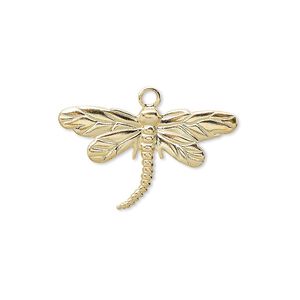 Charm, gold-plated brass, 26x15mm single-sided dragonfly. Sold per pkg of 100.