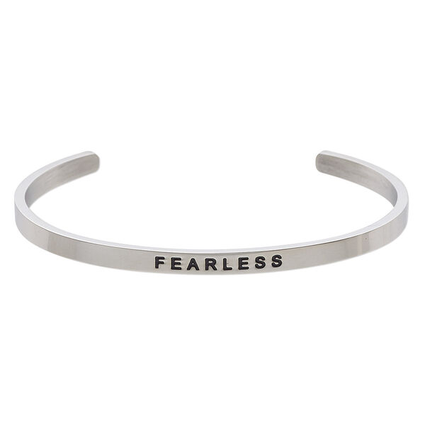 Bracelet, Everyday Jewelry, cuff, stainless steel, 4mm wide with "FEARLESS," 8 inches. Sold individually. image number 0
