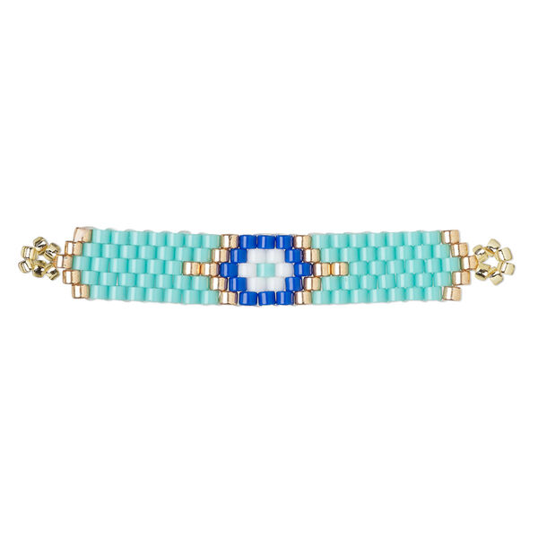 Focal, Creative Touch, glass, turquoise blue and multicolored, 40x7mm rectangle with wards-off-the-evil-eye design. Sold individually. image number 0