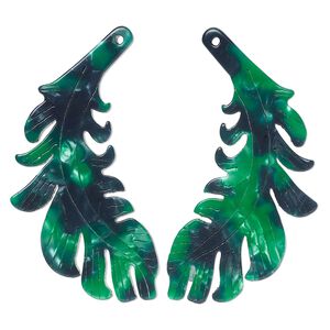 Focal, resin, green and dark green, 46x25mm single-sided left and right-facing carved feather. Sold per pair.
