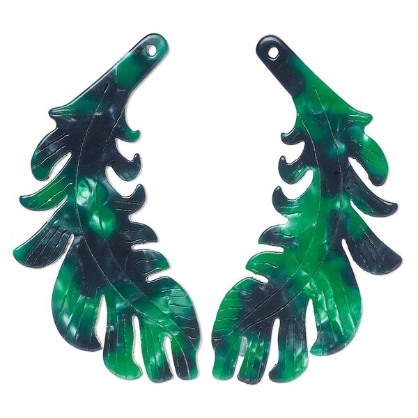 Focal, resin, green and dark green, 46x25mm single-sided left and right-facing carved feather. Sold per pair. image number 0