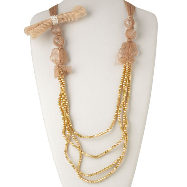 Necklace, 4-strand, organza / glass / acrylic, tan and white, 36 inches with 2-inch extender chain and lobster claw clasp. Sold individually. image number 0