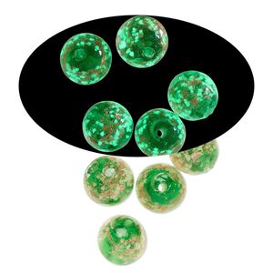 Bead, lampworked glass, clear / green / glow-in-the-dark / gold, 12mm round. Sold per pkg of 6.