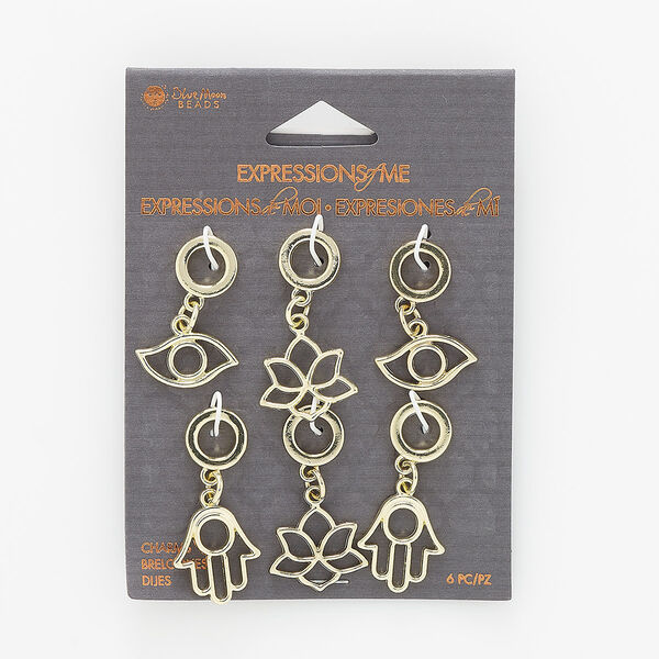 Focal, gold-finished steel and "pewter" (zinc-based alloy), (2) 29x19mm evil eye / (2) 35x18mm lotus / (2) 37x16mm Fatima hand with cutout designs and 6.5mm hole. Sold per pkg of 6. image number 0