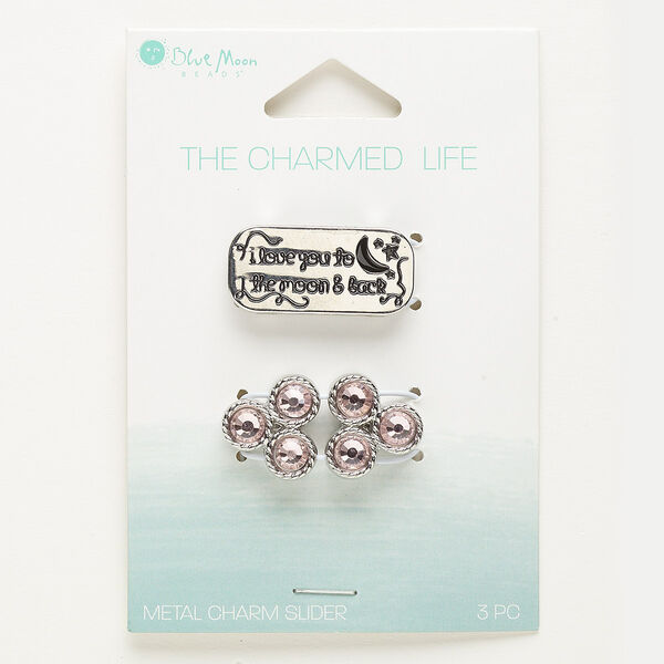 Slide mix, glass and silver-finished "pewter" (zinc-based alloy), pink, (1) 27x13mm rounded rectangle with "I love you to the moon & back" and moon, stars and swirls design, and (2) 28x15mm triangle, 9mm and 10mm hole. Sold per pkg of 3. image number 0