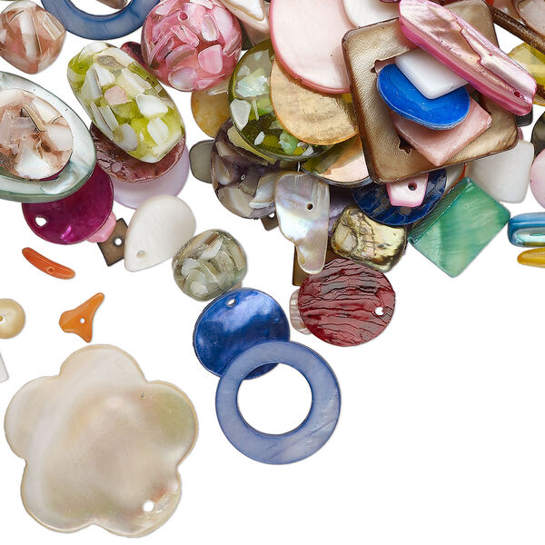Bead and component mix, shell (natural / dyed / bleached), mixed colors, 2mm-82x54mm mixed shape, Mohs hardness 3-1/2. Sold per 150-gram pkg, approximately 170 to 350 pieces. image number 0