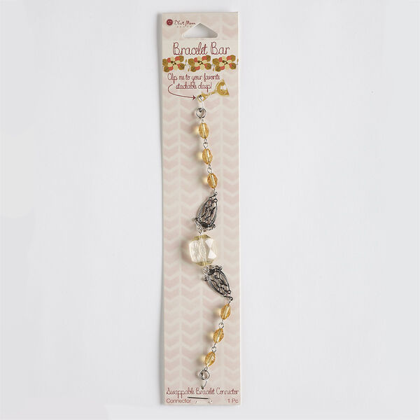 Bracelet component, acrylic / silver-finished steel / antique silver-finished "pewter" (zinc-based alloy), light orange and light yellow, 15mm wide, 5-1/2 inches. Sold individually. image number 0