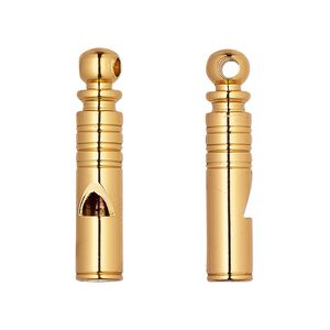 Focal, gold-finished brass, 31x6mm round tube whistle with lines. Sold per pkg of 2.
