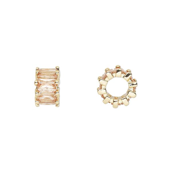 Bead, cubic zirconia and gold-plated brass, topaz, 10.5x6mm rondelle. Sold per pkg of 2. image number 0