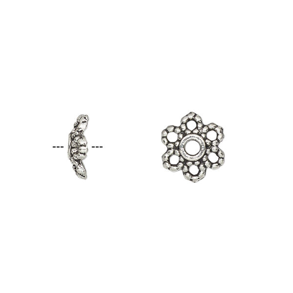 Bead cap, antique silver-plated "pewter" (zinc-based alloy), 10x3mm flower, fits 8-14mm bead. Sold per pkg of 50. image number 0