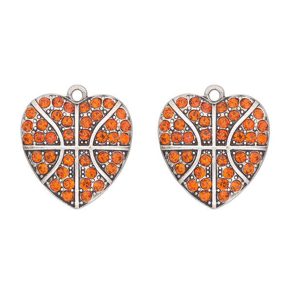 Charm, antique silver-finished "pewter" (zinc-based alloy) and glass, orange, 23x22mm single-sided heart with "basketball pattern". Sold per pkg of 2. image number 0