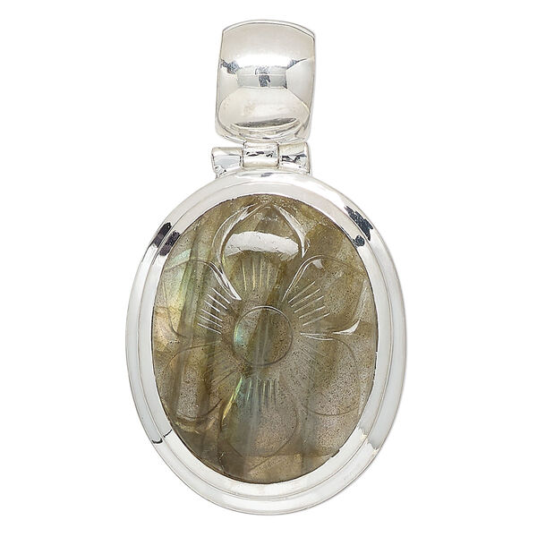 Pendant, labradorite (natural) and sterling silver, 38x32mm oval with carved flower. Sold individually. image number 0