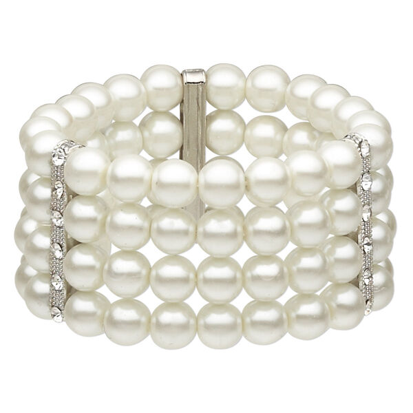 Bracelet, 4-strand stretch, acrylic / glass rhinestone / silver-plated "pewter" (zinc-based alloy), white and clear, 10mm round, 7-1/2 inches. Sold individually. image number 0