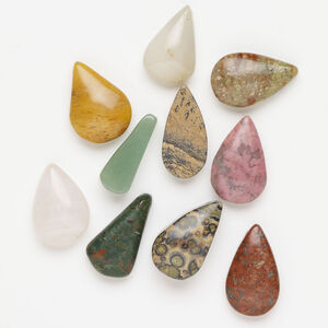 Multi-gemstone 1pkg10, top-drilled puffed / flat teardrop, drop mix 22x14mm-31x21mm