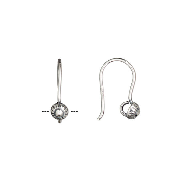 Ear wire, antiqued sterling silver, 15mm fishhook with 4mm flower and open loop, 20 gauge. Sold per pkg of 2 pairs. image number 0