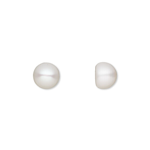 Pearl, White Lotus™, cultured freshwater (bleached), white, 8mm half-drilled button, B grade, Mohs hardness 2-1/2 to 4. Sold per pair. image number 0