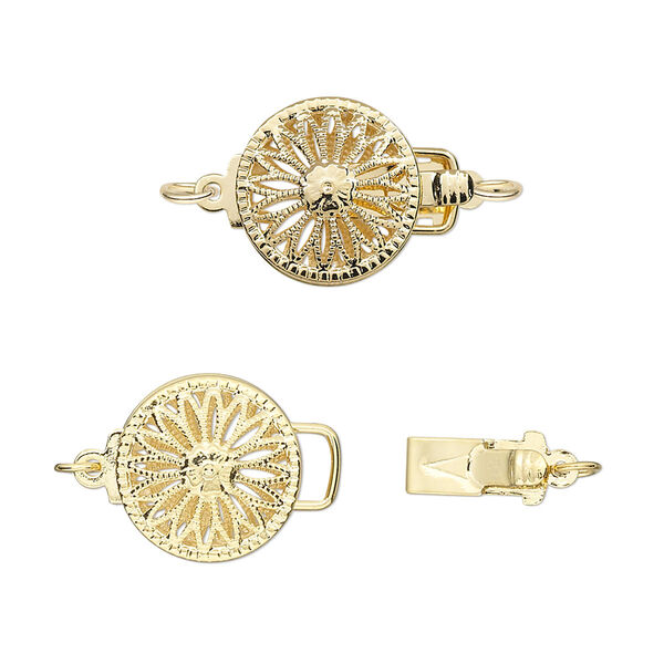Clasp, tab, gold-plated brass, 12mm filigree round. Sold individually. image number 0