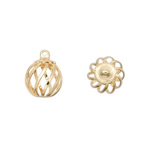Drop, gold-plated steel and brass, 11mm swirled round bead cage. Sold per pkg of 100.