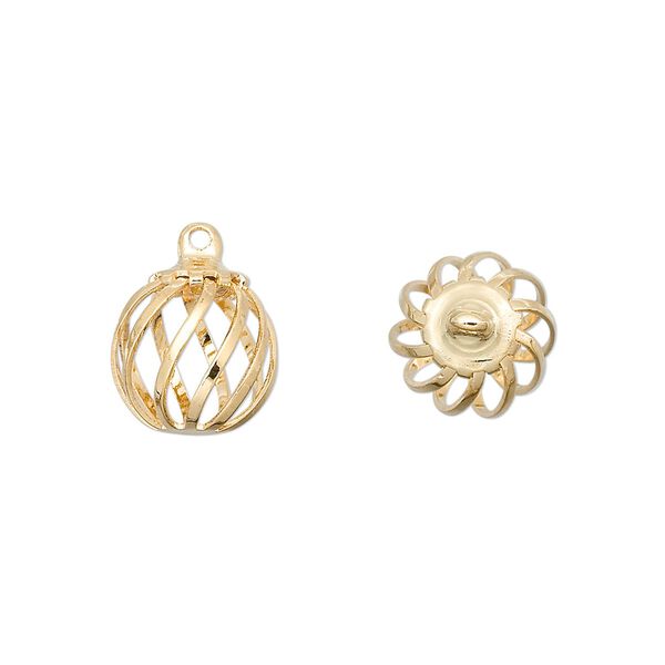 Drop, gold-plated steel and brass, 11mm swirled round bead cage. Sold per pkg of 100. image number 0