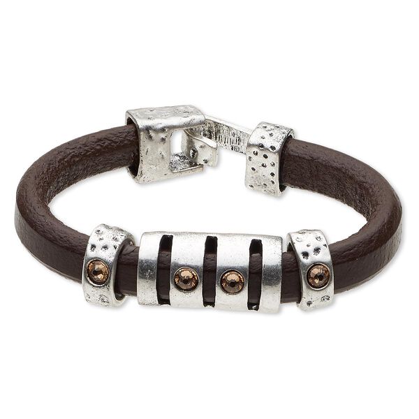 Bracelet, leather (dyed) / Czech glass rhinestone / antique silver-plated "pewter" (zinc-based alloy), brown and topaz, 15mm wide, 6 inches with hook-and-eye clasp. Sold individually. image number 0