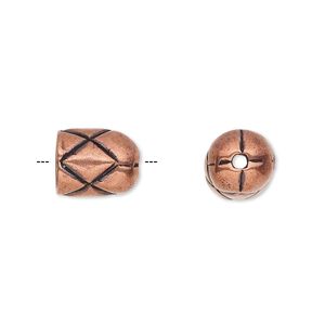 Cord end, antique copper-plated pewter (tin-based alloy), 11x9mm round tube with diamond design, 7mm inside diameter. Sold individually.