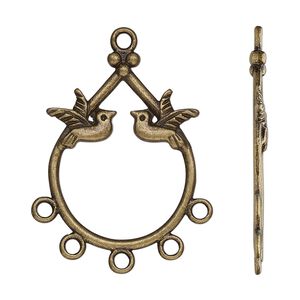 Drop, antique brass-finished "pewter" (zinc-based alloy), 29x23mm single-sided open teardrop with birds and 5 closed loops. Sold per pkg of 10.