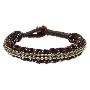Bracelet, waxed cotton cord / nylon / gold-finished "pewter" (zinc-based alloy) / steel / silver-plated steel, brown, 11mm wide, 6-1/2 inches with button clasp. Sold individually.