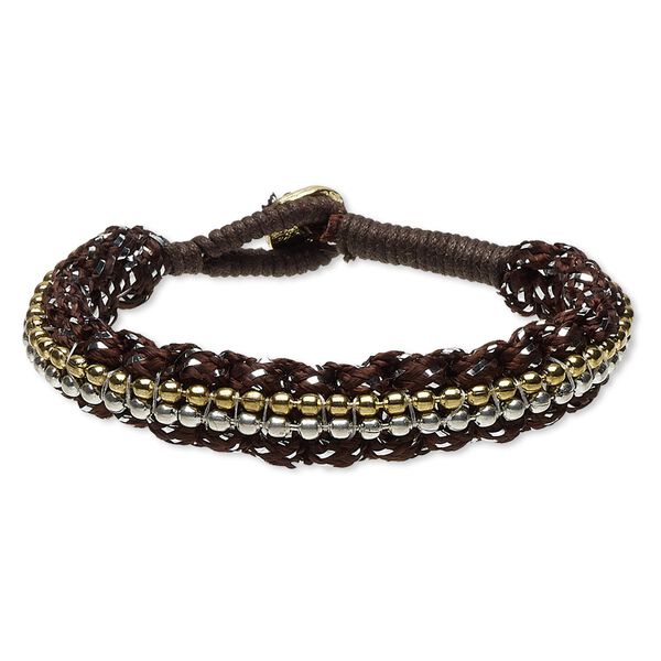 Bracelet, waxed cotton cord / nylon / gold-finished "pewter" (zinc-based alloy) / steel / silver-plated steel, brown, 11mm wide, 6-1/2 inches with button clasp. Sold individually. image number 0