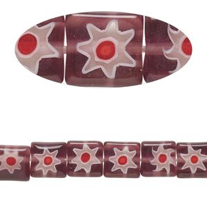 Bead, millefiori glass, translucent purple / red / white, 7mm-9x8mm puffed square with sunburst and flower design. Sold per 14-inch strand.