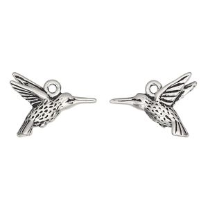 Charm, TierraCast®, antique silver-plated pewter (tin-based alloy), 18x15mm 3D hummingbird. Sold per pkg of 2.