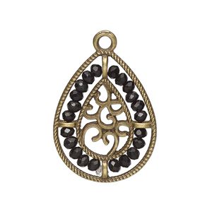 Drop, antique brass-finished "pewter" (zinc-based alloy), black, 27.5 x 21.5mm teardrop with hearts and beaded border. Sold per pkg of 2.