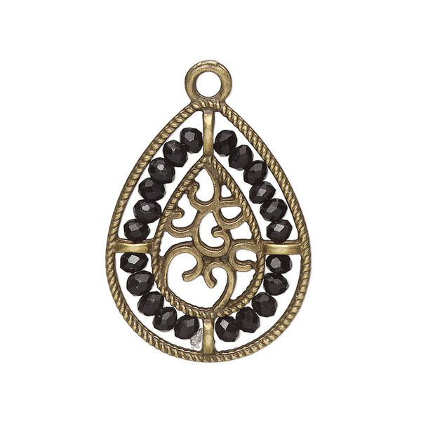 Drop, antique brass-finished "pewter" (zinc-based alloy), black, 27.5 x 21.5mm teardrop with hearts and beaded border. Sold per pkg of 2. image number 0