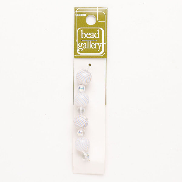 Bead 1pkg4 handblown glass, 11-13mm round / line design, translucent blue / orange / white image number 0