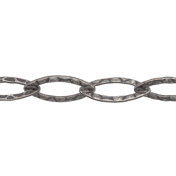 Chain, antique silver-plated brass, 8mm hammered marquise. Sold per pkg of 5 feet. image number 0