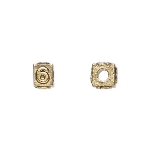 Bead, antique gold-plated pewter (tin-based alloy), 8x6mm rectangle with number "6." Sold per pkg of 4.