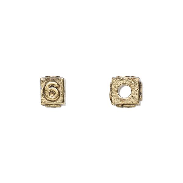 Bead, antique gold-plated pewter (tin-based alloy), 8x6mm rectangle with number "6." Sold per pkg of 4. image number 0